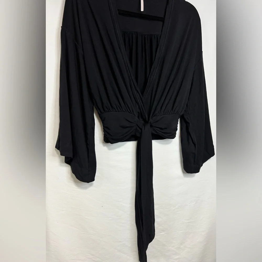 Free People That's a Wrap Black Bell Sleeve Crop Top Waist Tie Boho Trendy Chic